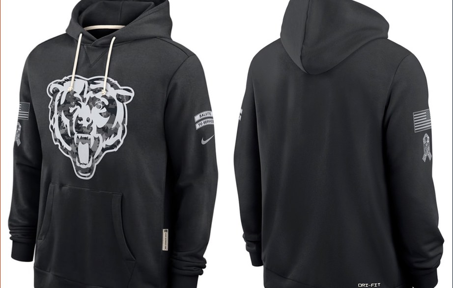 Black 2026 Salute to Service Bears hoodie with a camo bear head on the chest, shown from the front and back